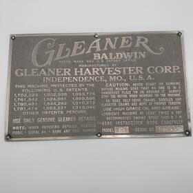 Gleaner Baldwin 371887 Vintage Original Data Plate Combine Harvester Corp