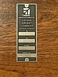 Cessna Plate, Never Used. Fixed Price $54.00.