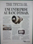7/92 Pub Allied Signal Aerospace Garrett Engine TFE731-5B Falcon 900B French Ad. Fixed Price $11.63.