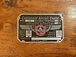 O-300, Continental Motors Engine Data Plate. Fixed Price $84.00.